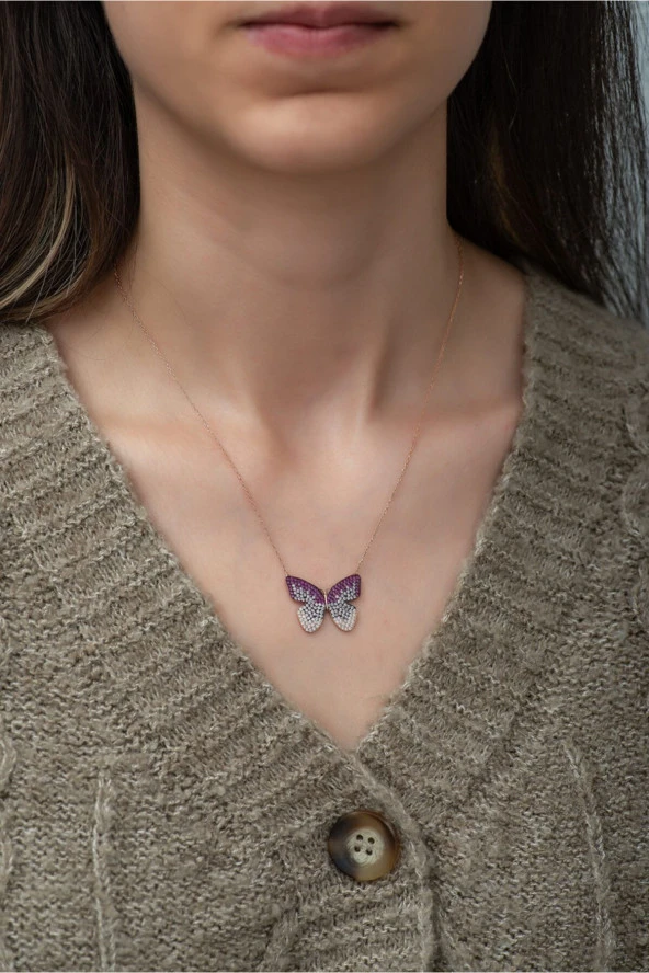 925 Ayar Pembe Renk Geçişli Kelebek Kadın Gümüş Kolye - Resim 2