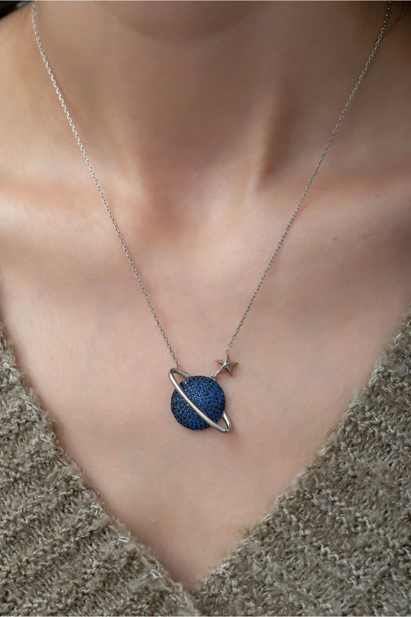 925 Ayar Lacivert Taşlı Gezegen Kadın Gümüş Kolye - Resim 2