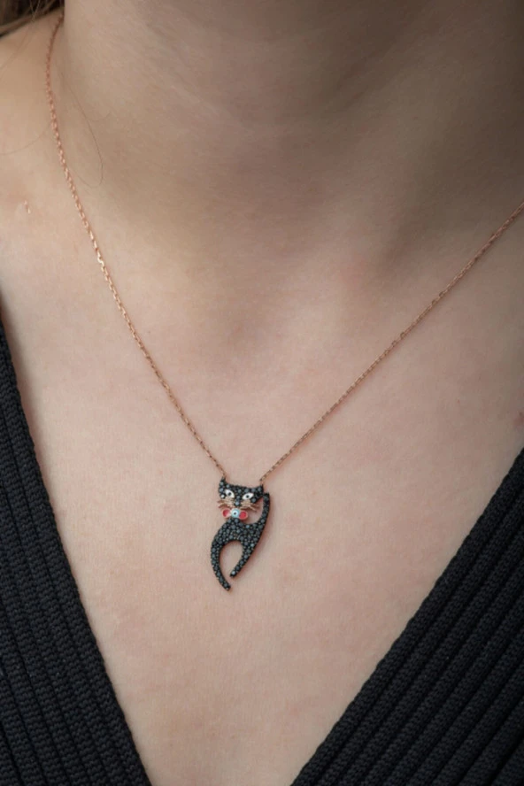 925 Ayar Siyah Taşlı Kedi Kadın Gümüş Kolye - Resim 2