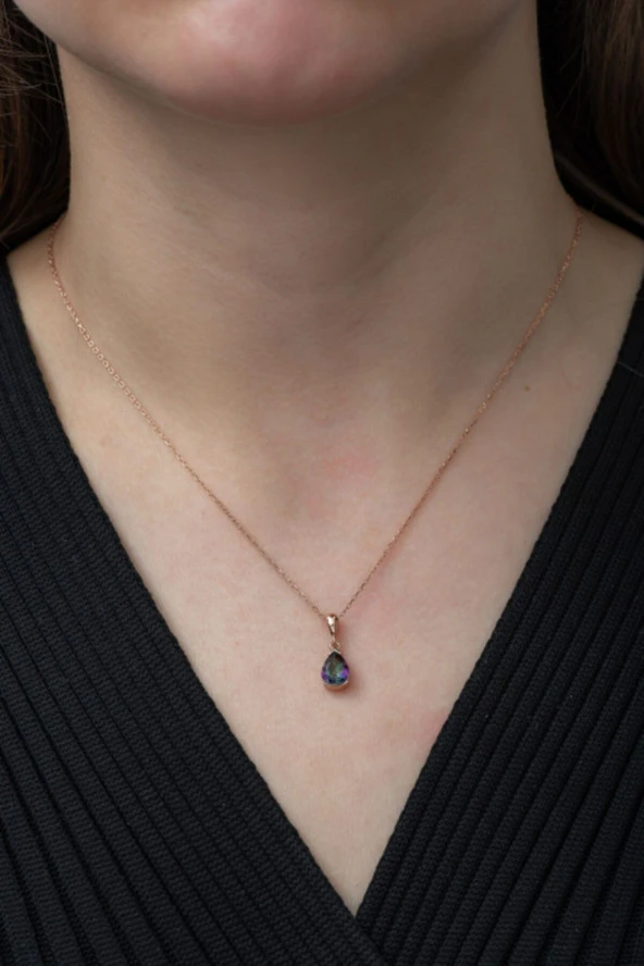 925 Ayar Minimal Mistik Topaz Taşlı Damla Kolye Kadın Gümüş Kolye - Resim 2