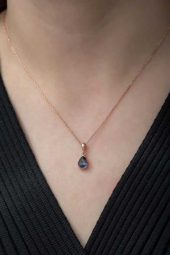 925 Ayar Minimal Mistik Topaz Taşlı Damla Kolye Kadın Gümüş Kolye - Resim 3