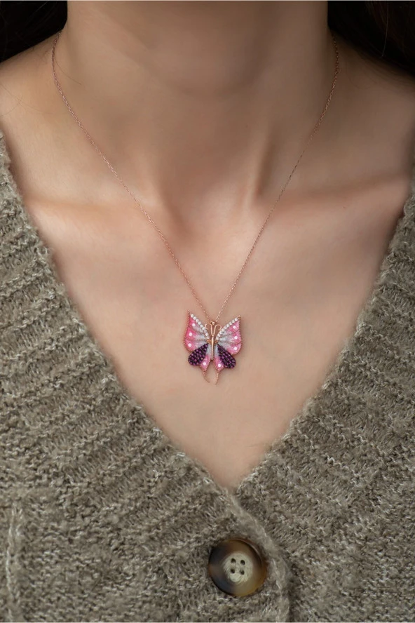 925 Ayar Pembe Kelebek Kadın Gümüş Kolye - Resim 2