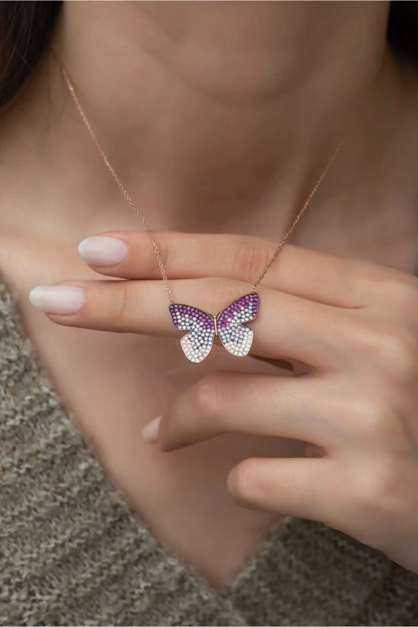 925 Ayar Pembe Renk Geçişli Kelebek Kadın Gümüş Kolye - Resim 3
