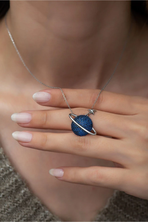 925 Ayar Lacivert Taşlı Gezegen Kadın Gümüş Kolye - Resim 3