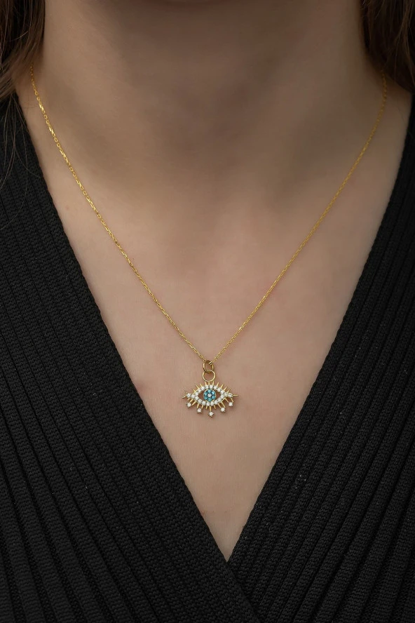 925 Ayar Gold Renk Göz Kolye Kadın Gümüş Kolye - Resim 2