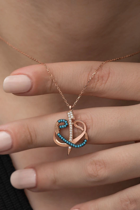 925 Ayar Turkuaz Elif Vav Kolye Kadın Gümüş Kolye - Resim 2