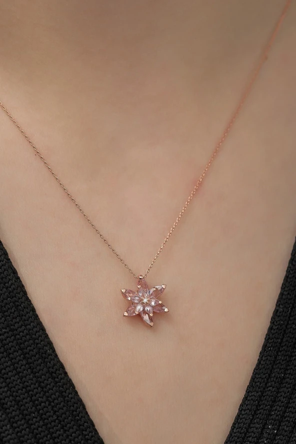 925 Ayar Pembe Lotus Çiçeği Kolye Kadın Gümüş Kolye - Resim 2