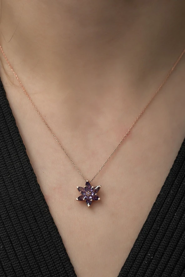 925 Ayar Mor Lotus Çiçeği Kolye Kadın Gümüş Kolye - Resim 3