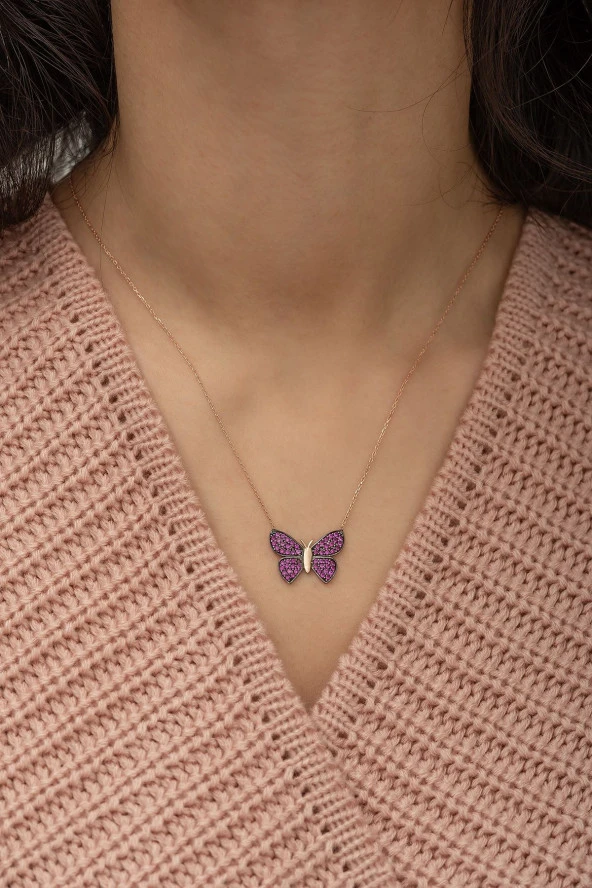 925 Ayar Pembe Kelebek Kolye Kadın Gümüş Kolye ürün görseli