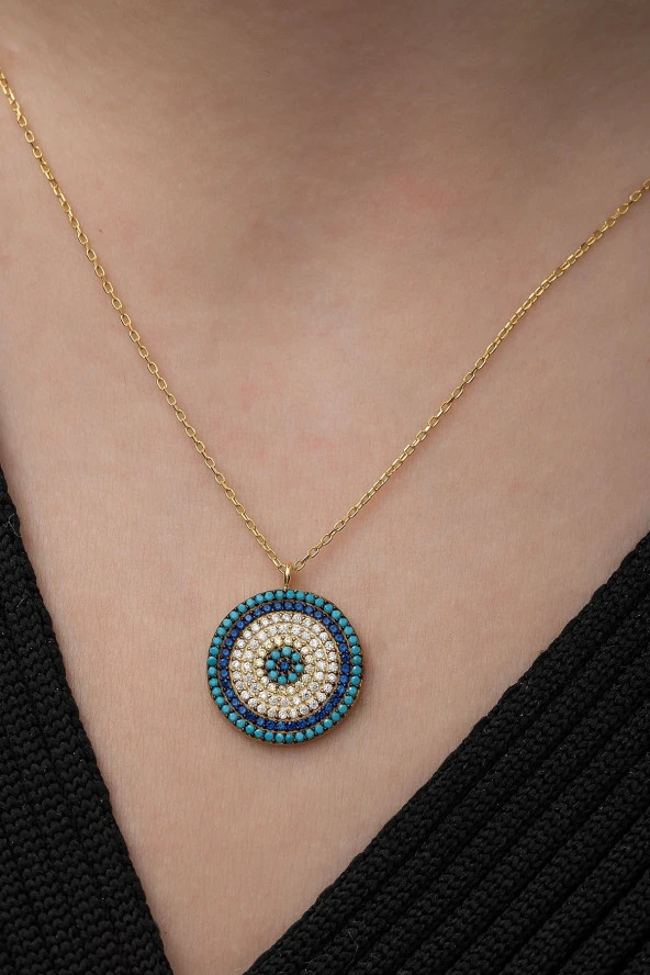 925 Ayar Gold Nazar Kolye Kadın Gümüş Kolye - Resim 3