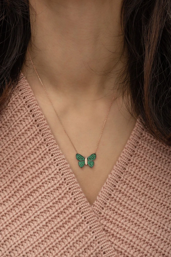 925 Ayar Yeşil Kelebek Kolye Kadın Gümüş Kolye - Resim 2