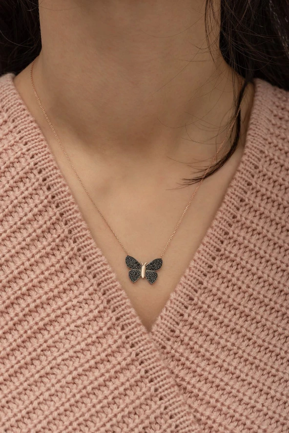 925 Ayar Siyah Kelebek Kolye Kadın Gümüş Kolye - Resim 2
