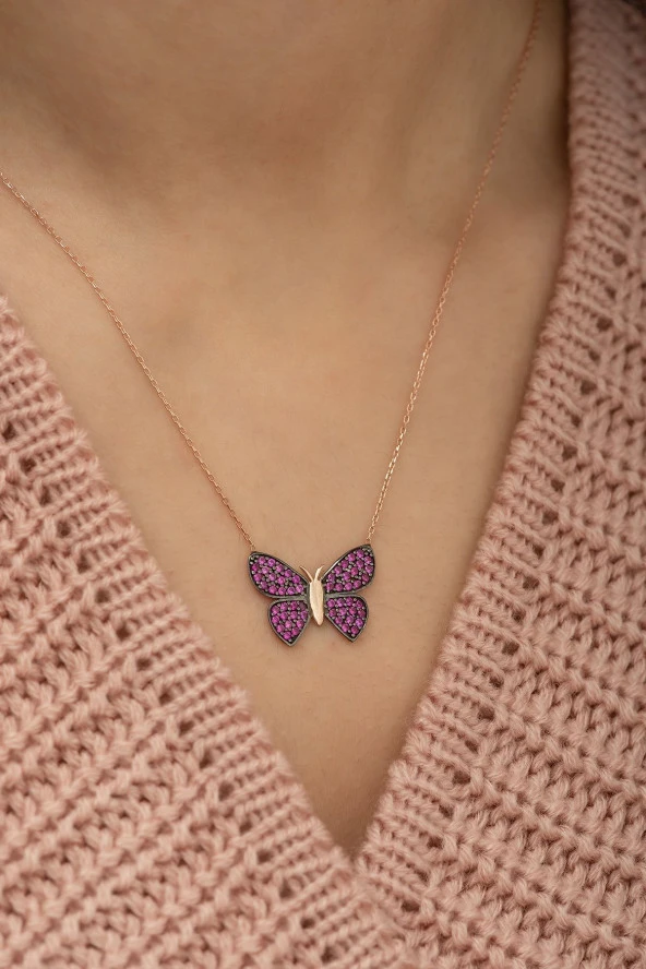 925 Ayar Pembe Kelebek Kolye Kadın Gümüş Kolye - Resim 2