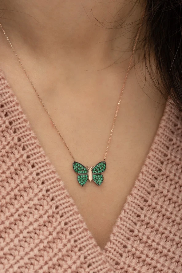 925 Ayar Yeşil Kelebek Kolye Kadın Gümüş Kolye - Resim 3