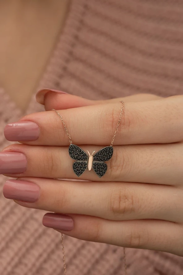 925 Ayar Siyah Kelebek Kolye Kadın Gümüş Kolye - Resim 3