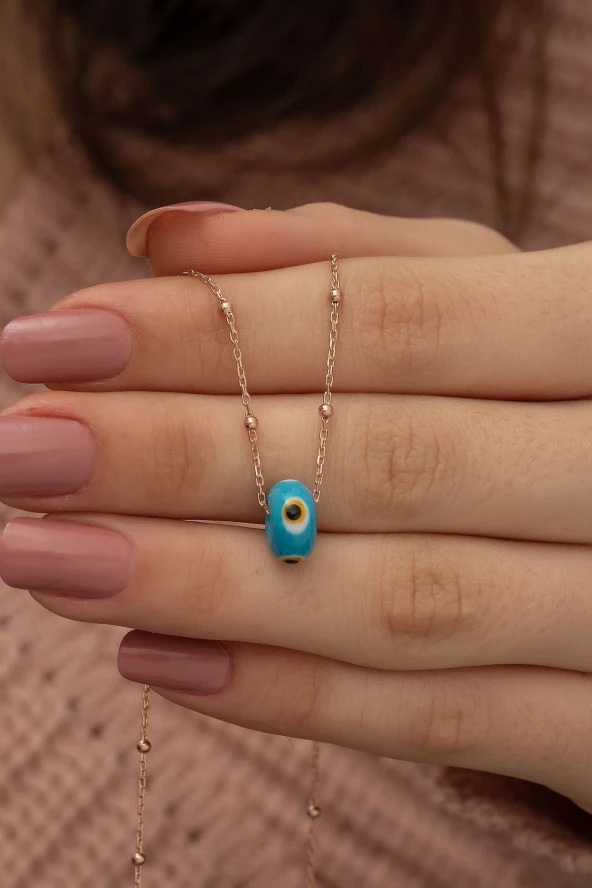 925 Ayar Nazar Cam Mavi Boncuk Toplu Zincir Kadın Gümüş Kolye ürün görseli