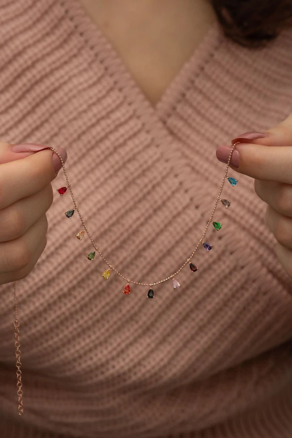 925 Ayar Sıralı Damla Mix Taşlı Kadın Gümüş Kolye ürün görseli