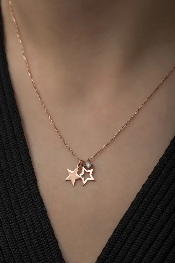 925 Ayar Minimal Çift Yıldız Kolye Kadın Gümüş Kolye - Resim 2