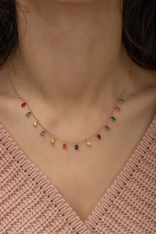 925 Ayar Sıralı Damla Mix Taşlı Kadın Gümüş Kolye - Resim 2