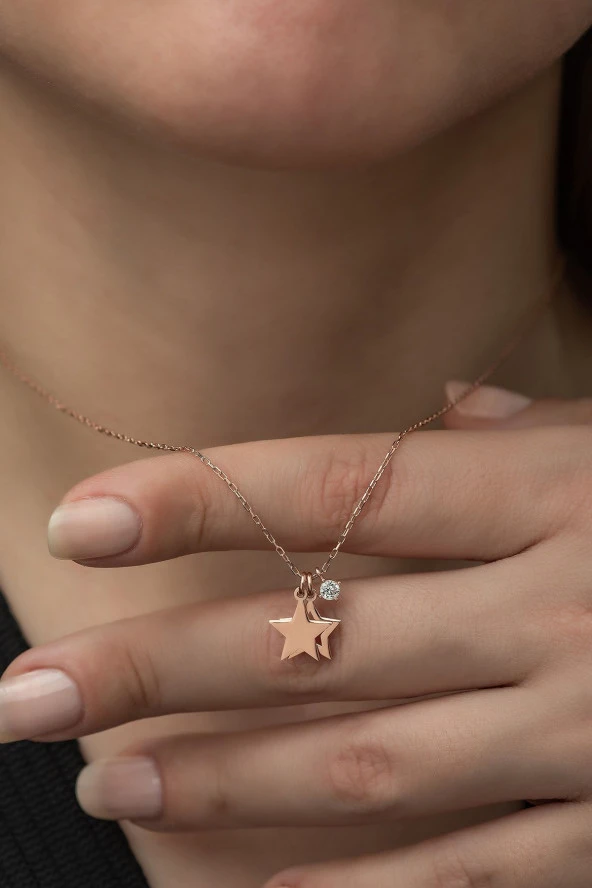 925 Ayar Minimal Çift Yıldız Kolye Kadın Gümüş Kolye - Resim 3