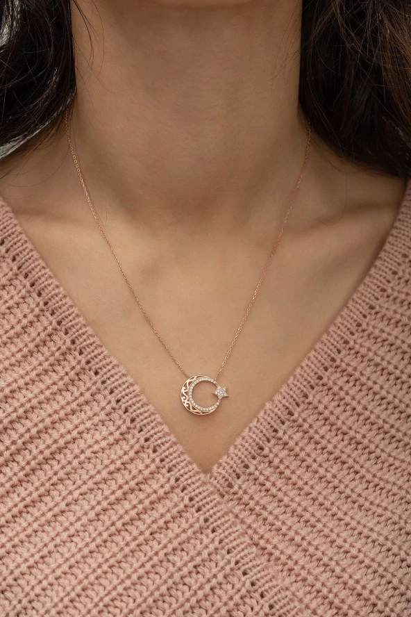 925 Ayar Rose Ayyıldız Kadın Gümüş Kolye - Resim 3