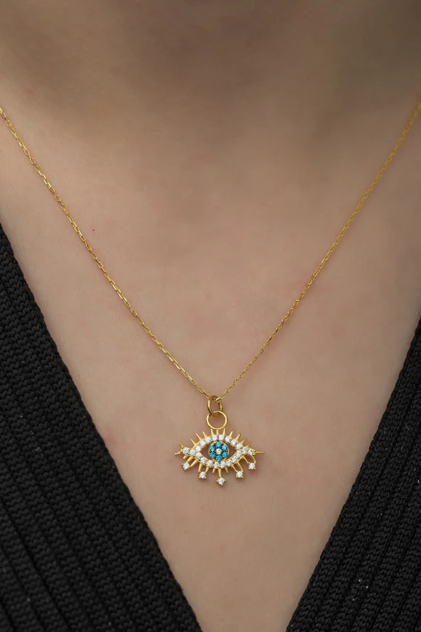 925 Ayar Gold Renk Göz Kolye Kadın Gümüş Kolye - Resim 3