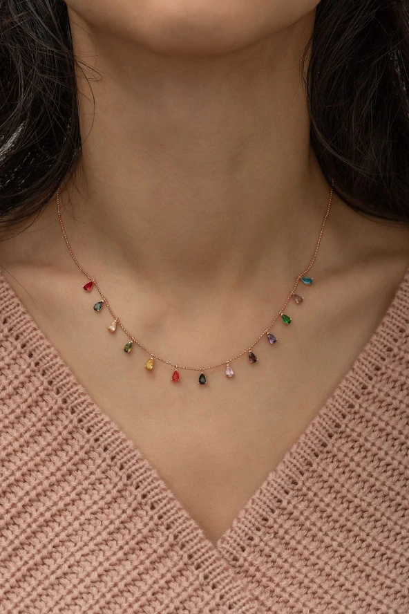 925 Ayar Sıralı Damla Mix Taşlı Kadın Gümüş Kolye - Resim 3