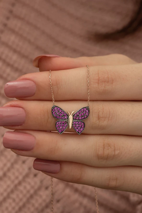 925 Ayar Pembe Kelebek Kolye Kadın Gümüş Kolye - Resim 3