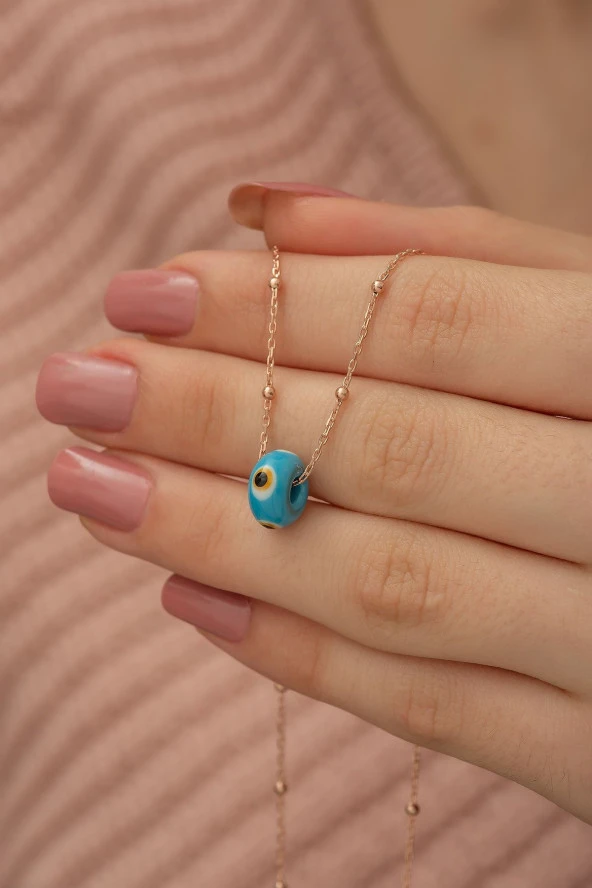 925 Ayar Nazar Cam Mavi Boncuk Toplu Zincir Kadın Gümüş Kolye - Resim 2