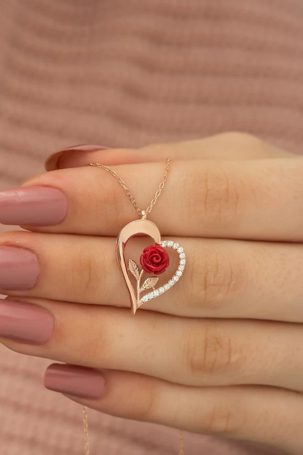 925 Ayar Rose Kırmızı Gül Kalp Kadın Gümüş Kolye ürün görseli