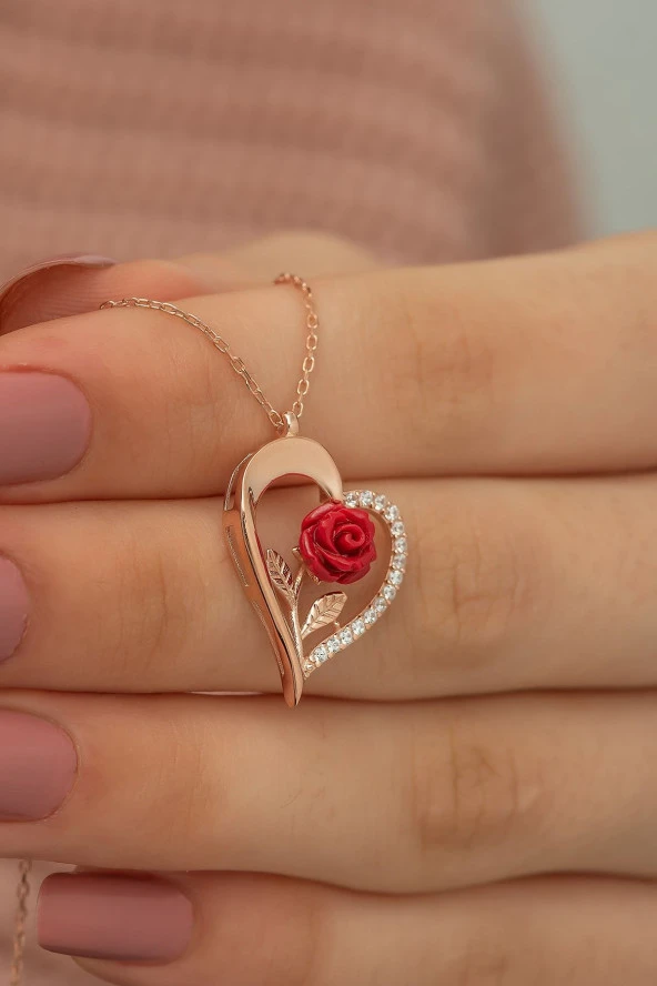 925 Ayar Rose Kırmızı Gül Kalp Kadın Gümüş Kolye - Resim 2