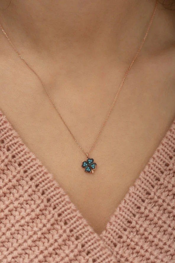 925 Ayar Minik Turkuaz Taşlı YoncaKadın Gümüş Kolye - Resim 2