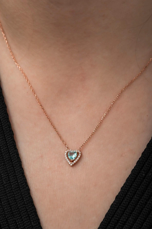 925 Ayar AquaMarin Taşlı Kalp Kolye Kadın Gümüş Kolye ürün görseli