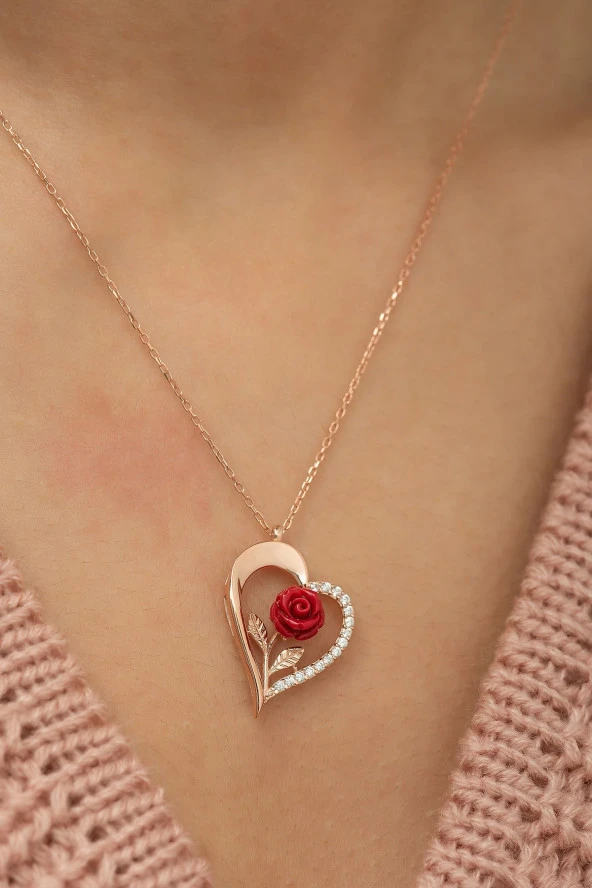 925 Ayar Rose Kırmızı Gül Kalp Kadın Gümüş Kolye - Resim 3
