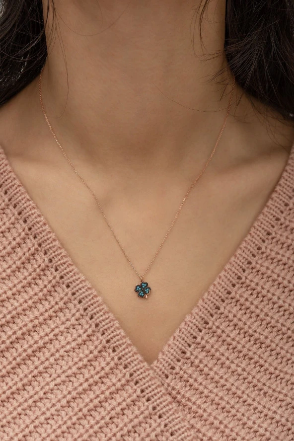 925 Ayar Minik Turkuaz Taşlı YoncaKadın Gümüş Kolye - Resim 3