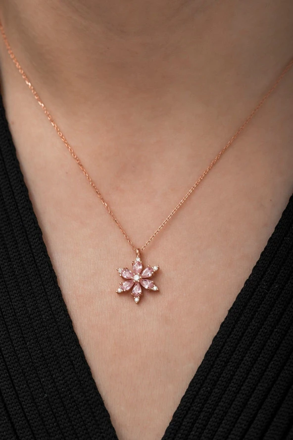 925 Ayar Pembe Taşlı Çiçek Kolye Kadın Gümüş Kolye ürün görseli