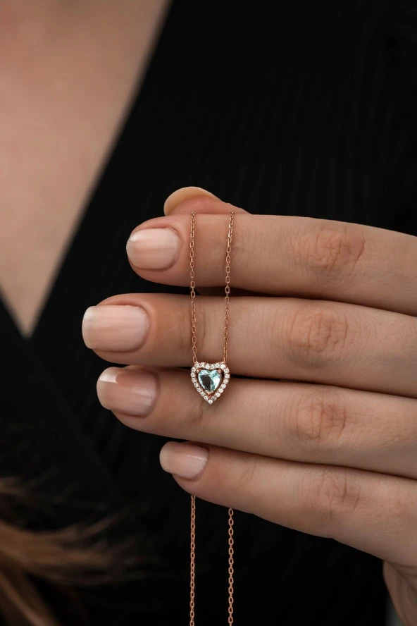 925 Ayar AquaMarin Taşlı Kalp Kolye Kadın Gümüş Kolye - Resim 2