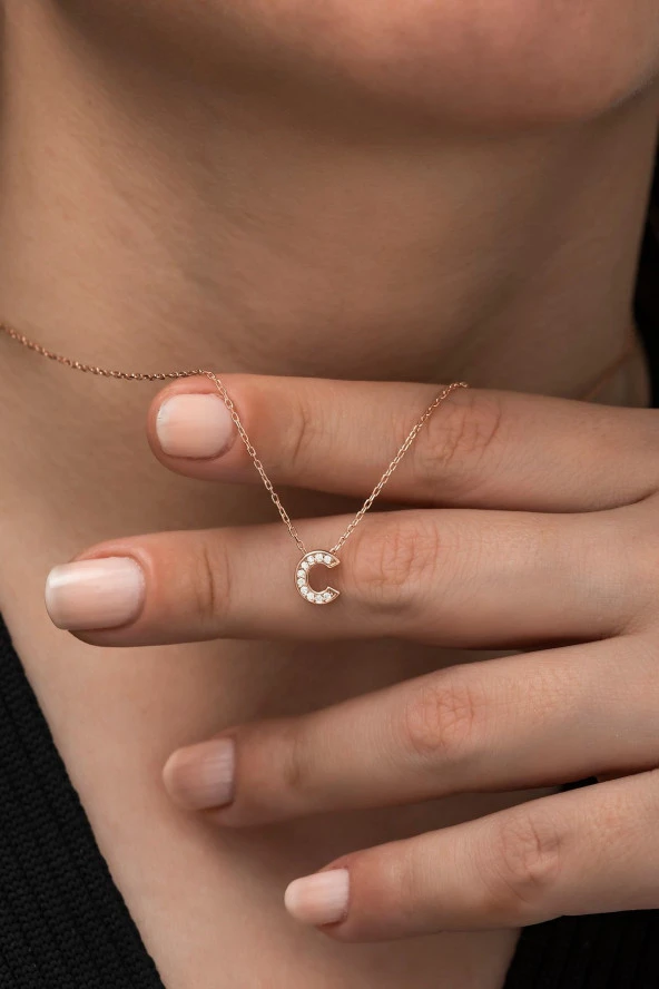 925 Ayar Harf Kolye 3 Boyutlu C Harfi Kadın Gümüş Kolye ürün görseli