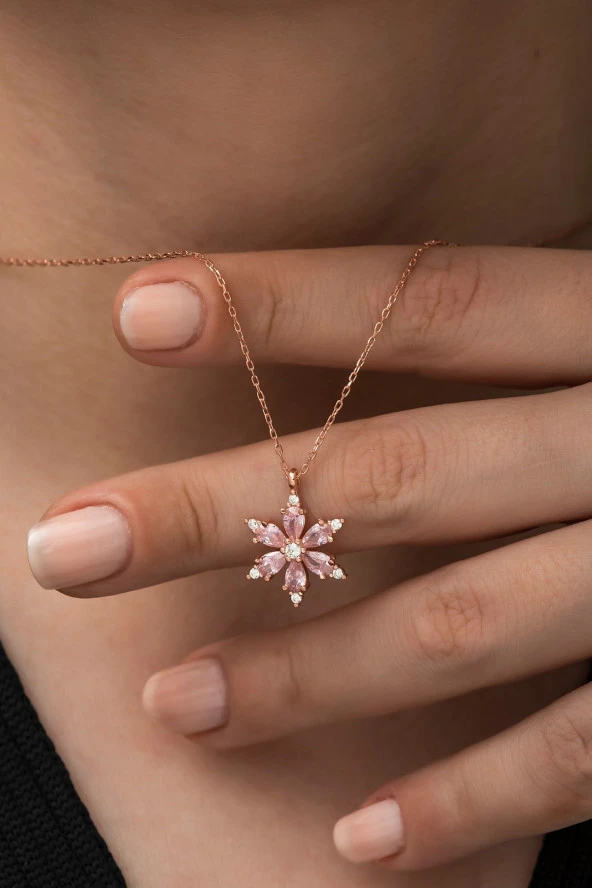 925 Ayar Pembe Taşlı Çiçek Kolye Kadın Gümüş Kolye - Resim 2