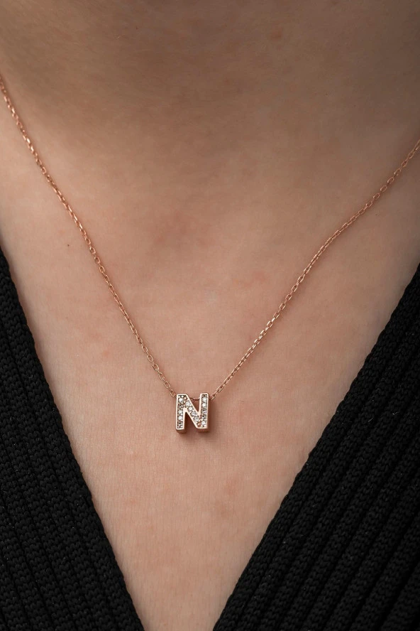 925 Ayar Harf Kolye 3 Boyutlu N Harfi Kadın Gümüş Kolye ürün görseli