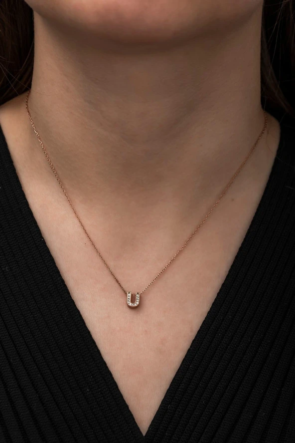 925 Ayar Harf Kolye 3 Boyutlu U Harfi Kadın Gümüş Kolye - Resim 2