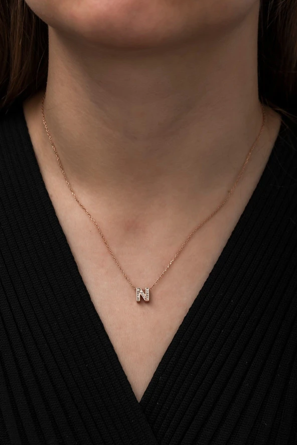 925 Ayar Harf Kolye 3 Boyutlu N Harfi Kadın Gümüş Kolye - Resim 3