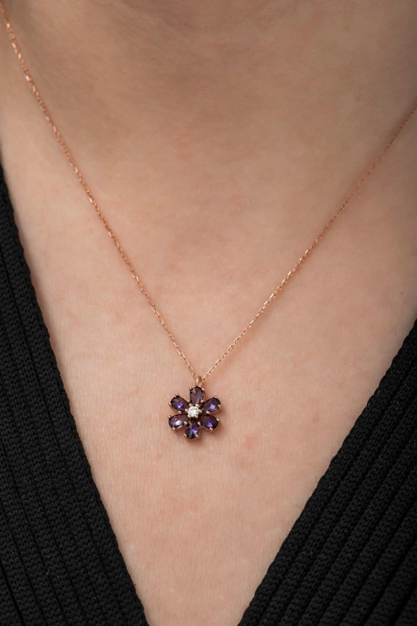 925 Ayar Mor Taşlı Çiçek Kolye Kadın Gümüş Kolye - Resim 2