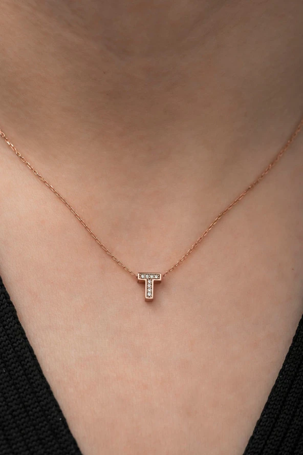 925 Ayar Harf Kolye 3 Boyutlu T Harfi Kadın Gümüş Kolye - Resim 2