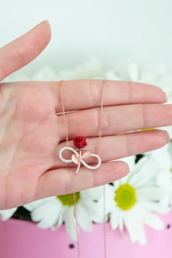 925 Ayar Kırmızı Gül Sonsuzluk Kolye Kadın Gümüş Kolye ürün görseli