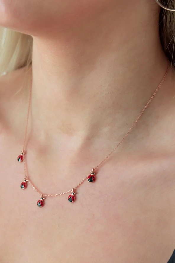 925 Ayar Uğur Böceği Şans Kolye Kadın Gümüş Kolye - Resim 2