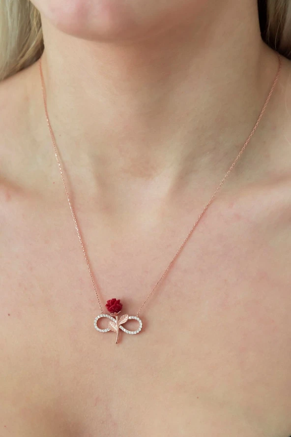 925 Ayar Kırmızı Gül Sonsuzluk Kolye Kadın Gümüş Kolye - Resim 2