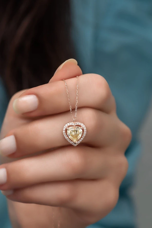 925 Ayar Gümüş Sitrin Taşlı Kalp Model Kolye ürün görseli