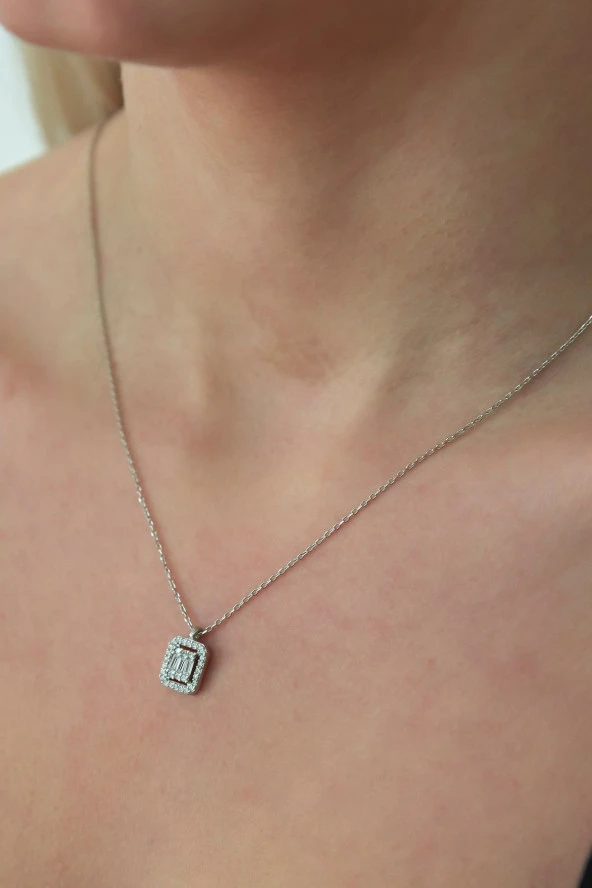 925 Ayar Baget Taşlı Tektaş Kolye Kadın Gümüş Kolye - Resim 2