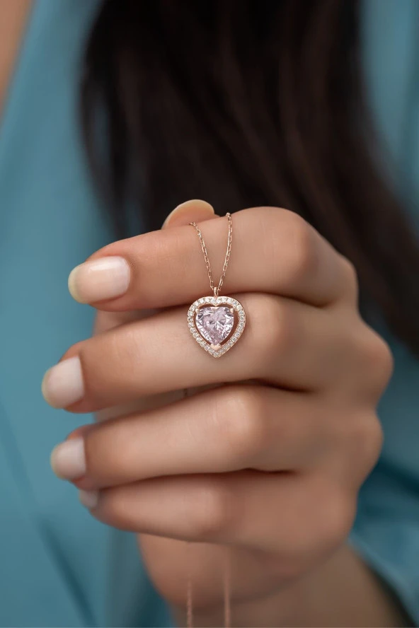 925 Ayar Gümüş Pembe Taşlı Kalp Model Kolye ürün görseli